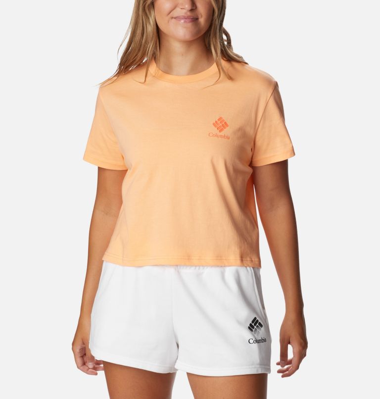 Women’s North Cascades Graphic Cropped T-Shirt, Color: Peach, Framed Halftone Logo Graphic, image 1