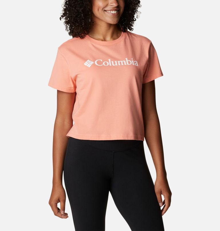 North Cascades Graphic Cropped T-Shirt für Frauen, Color: Coral Reef, White Logo, image 5