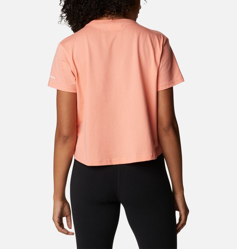 Women’s North Cascades Graphic Cropped T-Shirt, Color: Coral Reef, White Logo, image 2