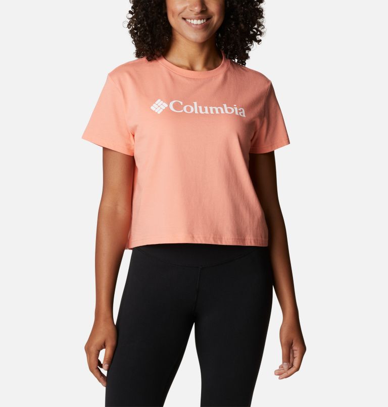 Thumbnail: Women’s North Cascades Graphic Cropped T-Shirt, Color: Coral Reef, White Logo, image 1