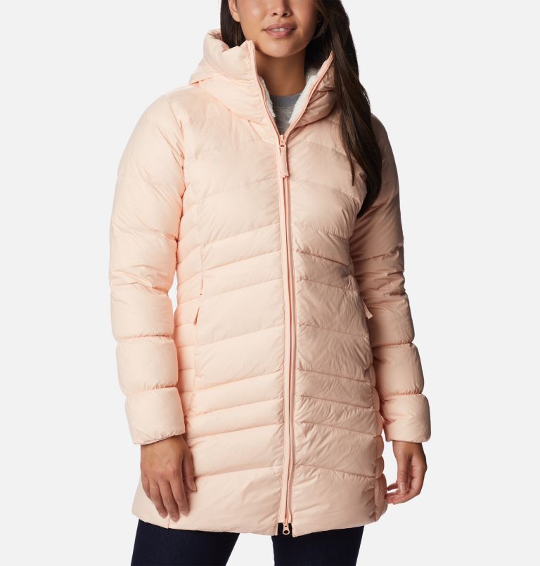 Thumbnail: Women's Autumn Park Down Hooded Mid Jacket, Color: Peach Blossom, image 1