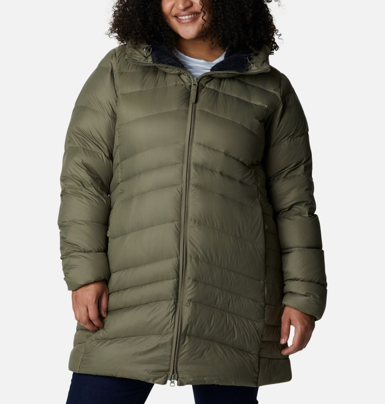 Women's Autumn Park Down Hooded Mid Jacket - Plus Size, Color: Stone Green