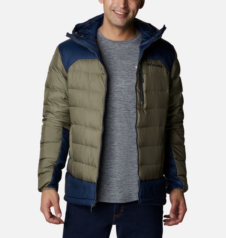 Men's Autumn Park Down Hooded Jacket, Color: Stone Green, Collegiate Navy, image 1
