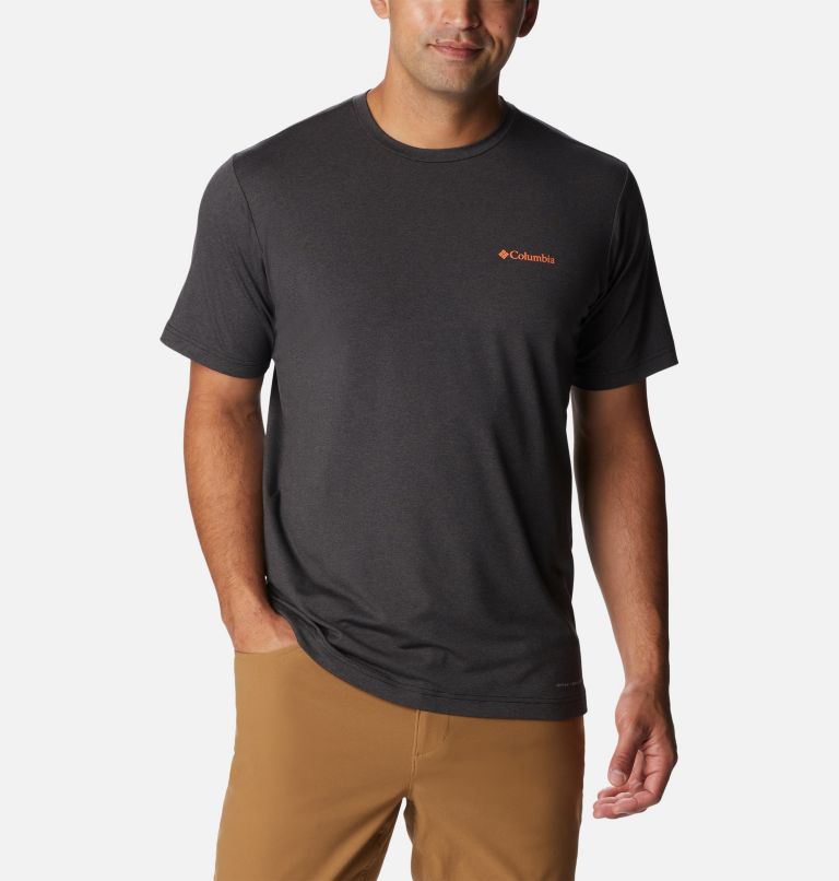 Thumbnail: Men's Tech Trail Graphic T-Shirt, Color: Black Hthr, Shady Peaks Graphic, image 1