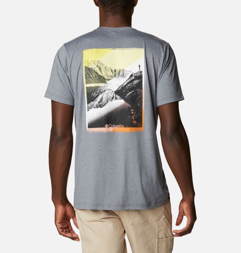 Men's Tech Trail Graphic T-Shirt, Color: City Grey Heather, Mirror Mountains Back, image 2