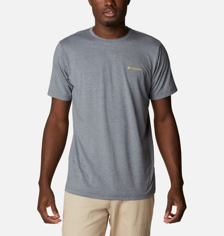 Men's Tech Trail Graphic T-Shirt, Color: City Grey Heather, Mirror Mountains Back, image 1