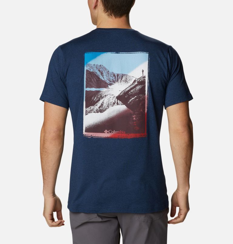 Men's Tech Trail Graphic T-Shirt, Color: Collegiate Navy Heather, Mirror Mountain, image 2