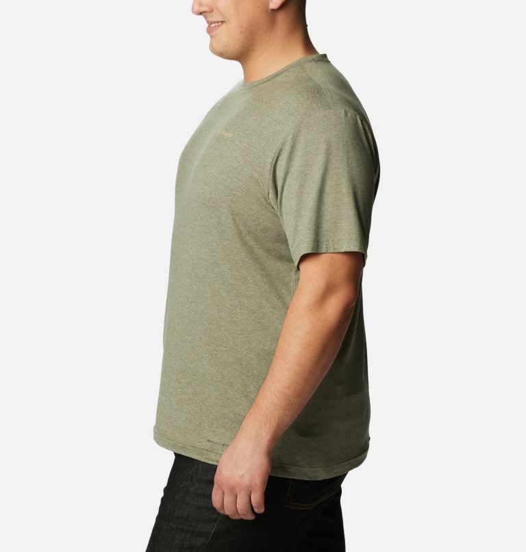 Thumbnail: Men's Tech Trail Graphic T-Shirt - Extended Size, Color: Stone Green Hthr, Moonscape Graphic, image 3