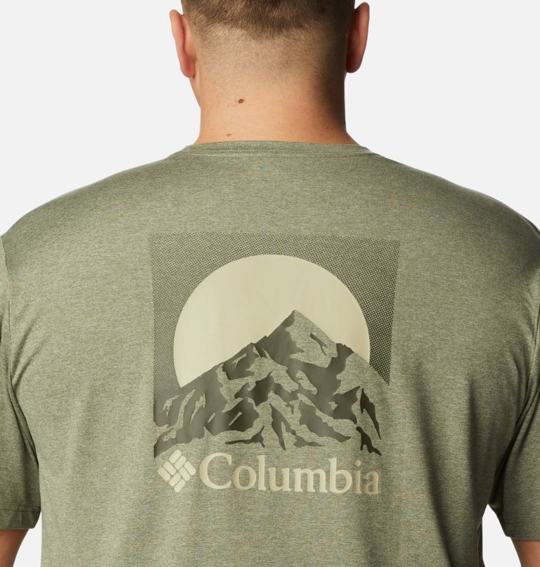 Thumbnail: Men's Tech Trail Graphic T-Shirt - Extended Size, Color: Stone Green Hthr, Moonscape Graphic, image 5