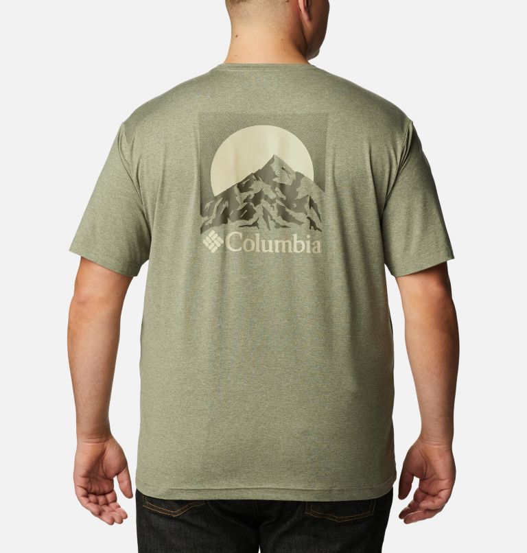 Thumbnail: Men's Tech Trail Graphic T-Shirt - Extended Size, Color: Stone Green Hthr, Moonscape Graphic, image 2