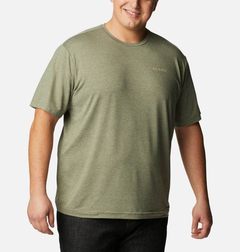 Thumbnail: Men's Tech Trail Graphic T-Shirt - Extended Size, Color: Stone Green Hthr, Moonscape Graphic, image 1