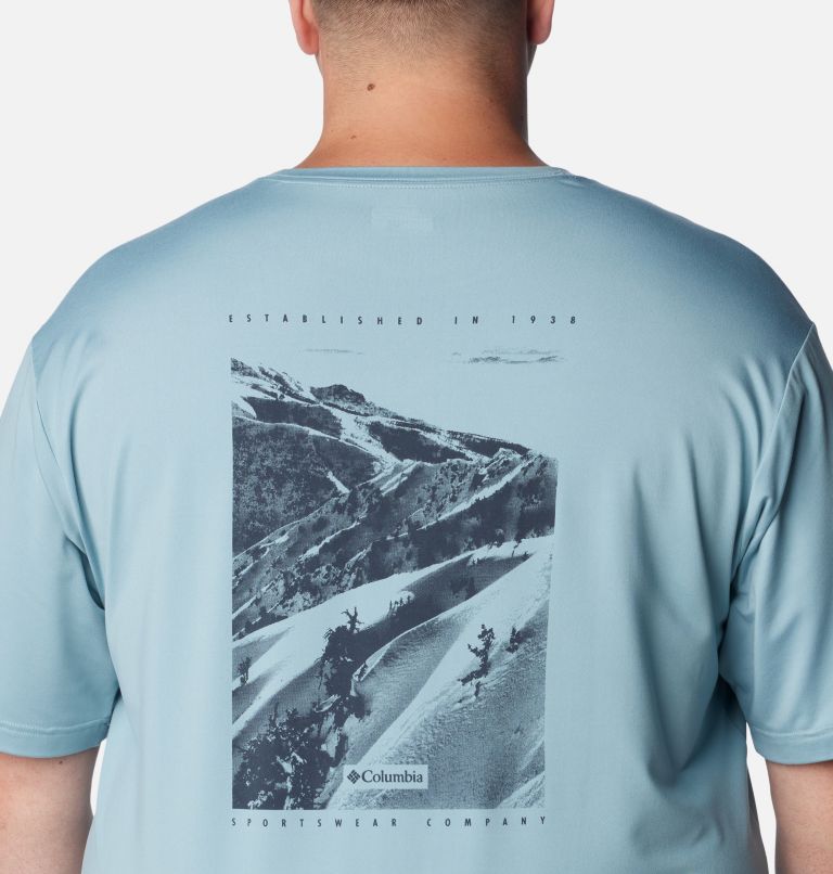 Thumbnail: Men's Tech Trail Graphic T-Shirt - Extended Size, Color: Stone Blue, Slopes Graphic, image 5