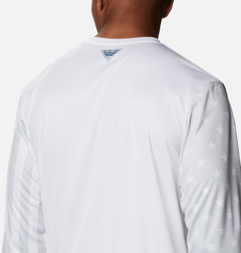 Men's PFG Terminal Tackle Americana Long Sleeve Shirt, Color: White, Ice Grey