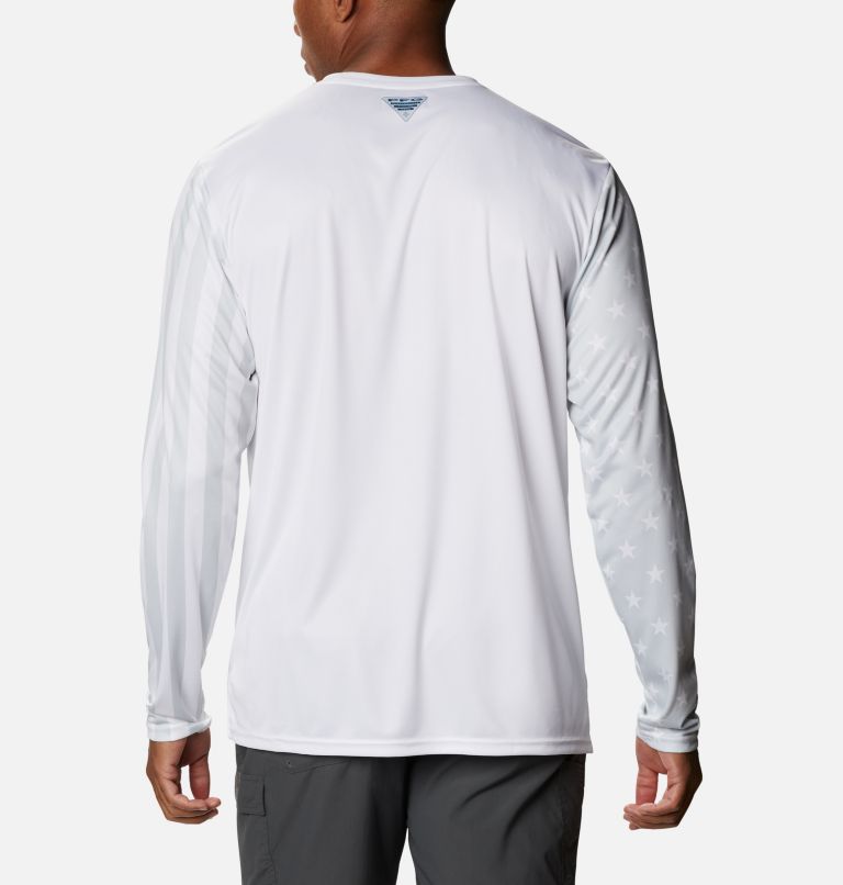 Men's PFG Terminal Tackle Americana Long Sleeve Shirt, Color: White, Ice Grey