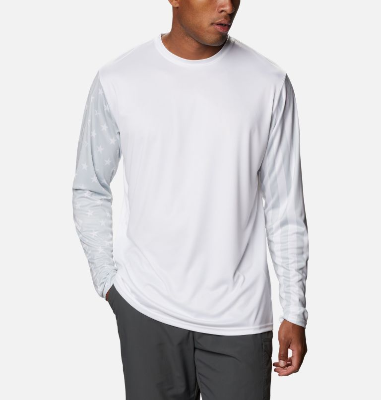 Thumbnail: Men's PFG Terminal Tackle Americana Long Sleeve Shirt, Color: White, Ice Grey, image 1