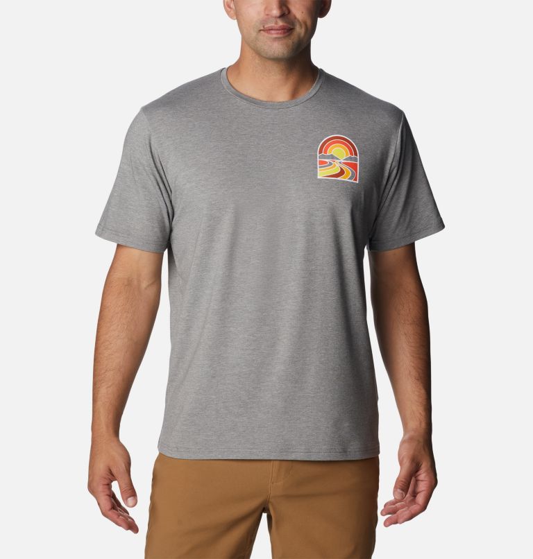 Thumbnail: Men's Sun Trek Short Sleeve Graphic T-Shirt, Color: City Grey Heather, Suntrek Trails Chest, image 1