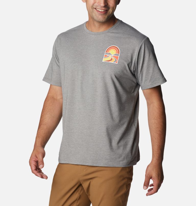 Men's Sun Trek Technical T-Shirt, Color: City Grey Heather, Suntrek Trails Chest, image 5