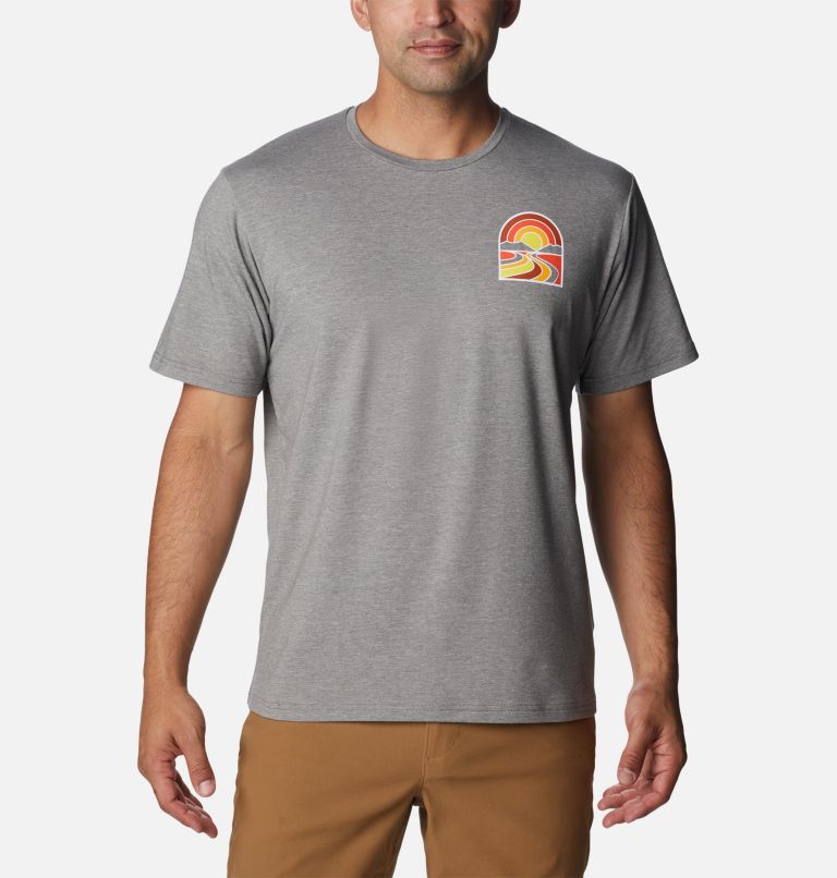 Men's Sun Trek Technical T-Shirt, Color: City Grey Heather, Suntrek Trails Chest, image 1