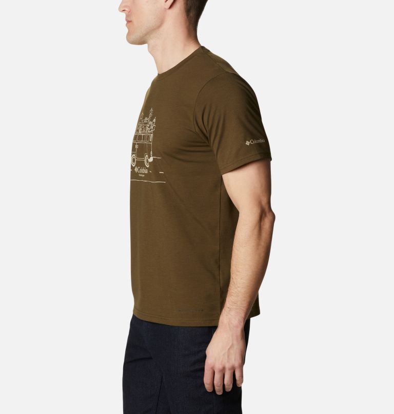 Camiseta técnica Sun Trek para hombre, Color: Olive Green, Van Life Graphic, image 3