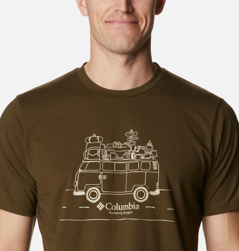 Camiseta técnica Sun Trek para hombre, Color: Olive Green, Van Life Graphic, image 4