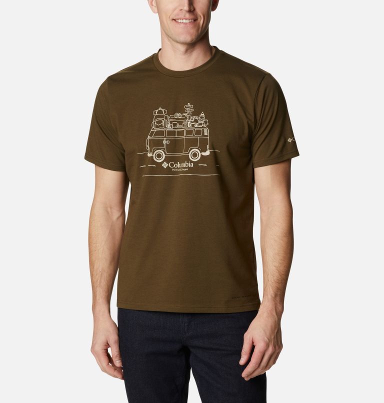 Men's Sun Trek Technical T-Shirt, Color: Olive Green, Van Life Graphic, image 1