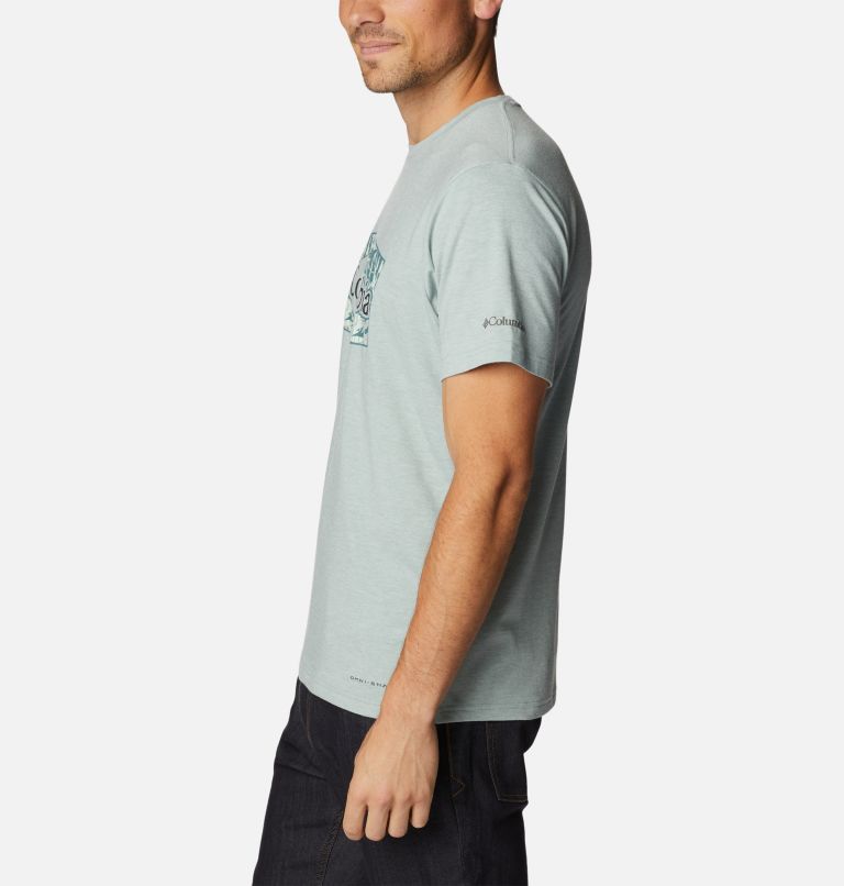 Men's Sun Trek Technical T-Shirt, Color: Niagara Hthr, Palmed Hex Graphic, image 3