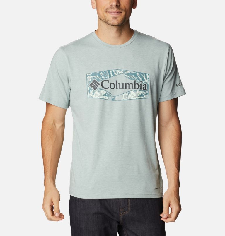 Men's Sun Trek Technical T-Shirt, Color: Niagara Hthr, Palmed Hex Graphic, image 1