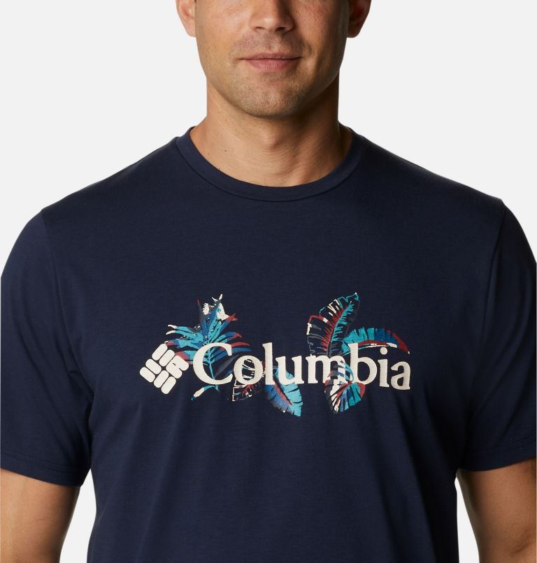 Camiseta técnica Sun Trek para hombre, Color: Collegiate Navy, Tropical Graphic, image 4
