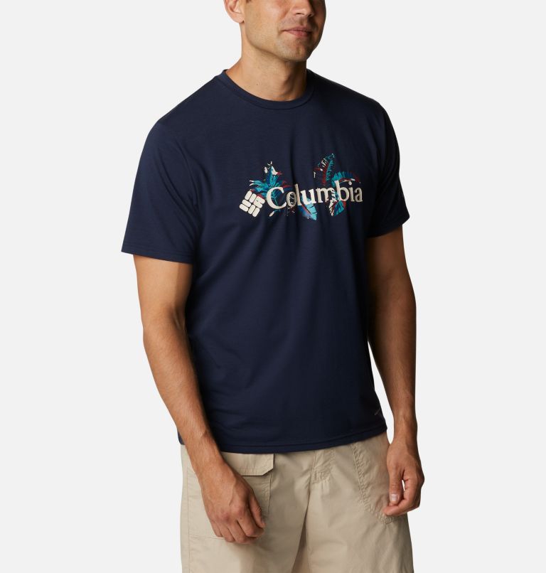 Camiseta técnica Sun Trek para hombre, Color: Collegiate Navy, Tropical Graphic, image 5