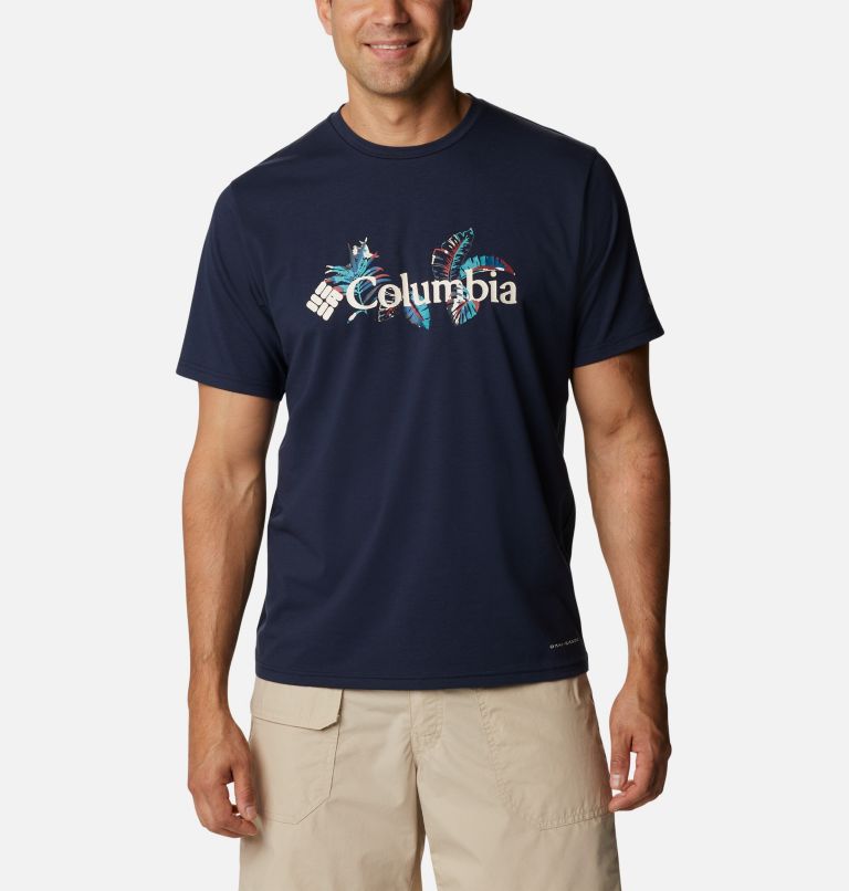 Camiseta técnica Sun Trek para hombre, Color: Collegiate Navy, Tropical Graphic, image 1