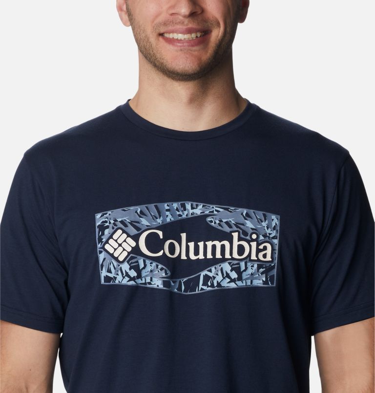 Camiseta técnica Sun Trek para hombre, Color: Collegiate Navy, Palmed Hex Graphic, image 4