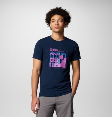 Men's Sun Trek Short Sleeve Graphic Tee, Color: Collegiate Navy, Explore Outdoors, image 1