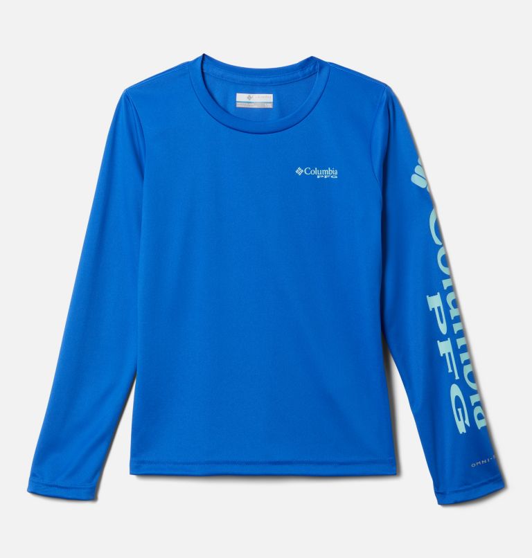 Thumbnail: Girls PFG Tidal Long Sleeve T-Shirt, Color: Blue Macaw, Gulf Stream Logo, image 1