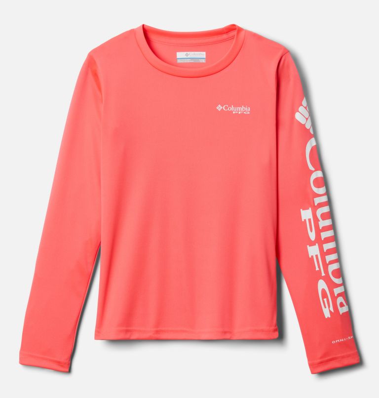Thumbnail: Girls PFG Tidal Long Sleeve T-Shirt, Color: Neon Sunrise, White Logo, image 1