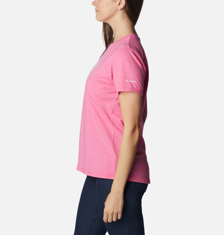 Women's Sun Trek Graphic T-Shirt, Color: Wild Geranium Hthr, Arboreal Swirl Grx, image 3