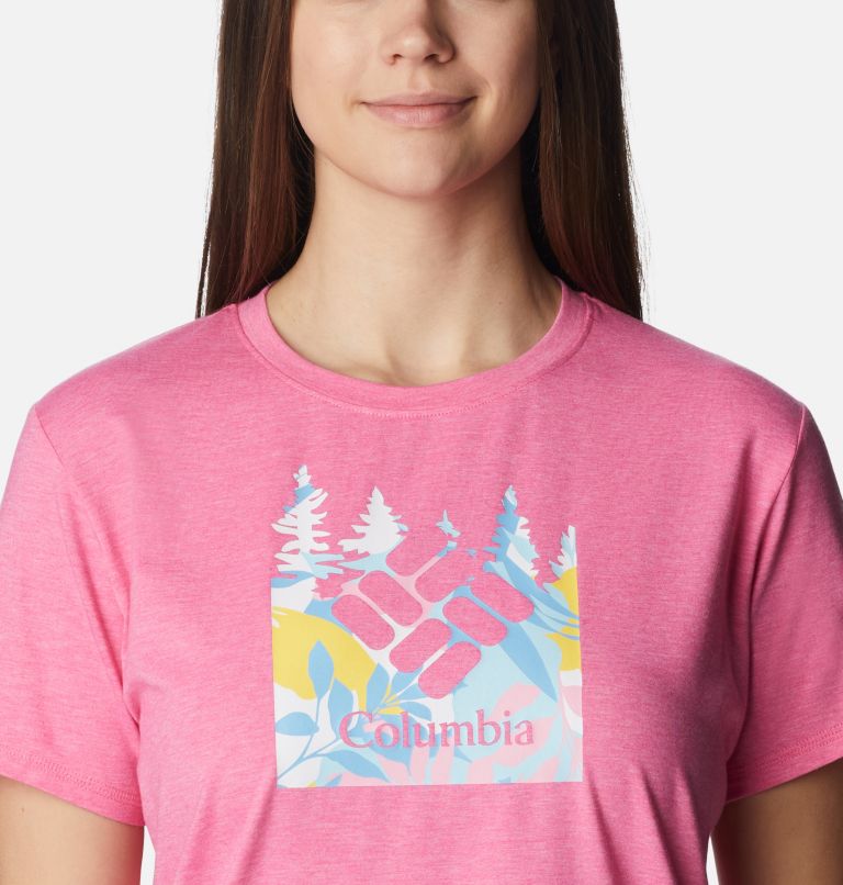 Women's Sun Trek Graphic T-Shirt, Color: Wild Geranium Hthr, Arboreal Swirl Grx, image 4