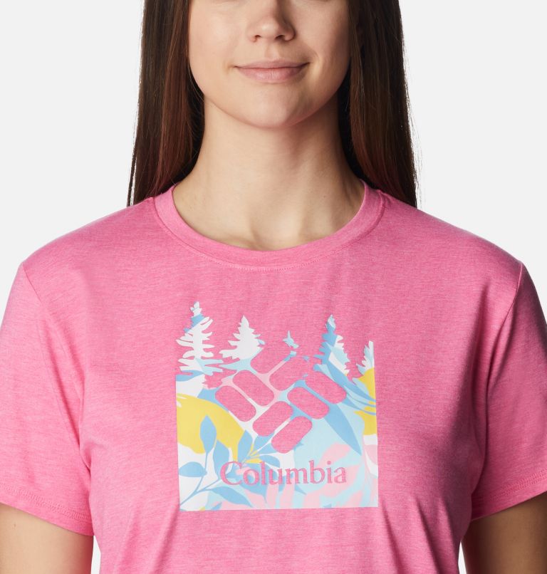 Thumbnail: Women's Sun Trek Graphic T-Shirt, Color: Wild Geranium Hthr, Arboreal Swirl Grx, image 4