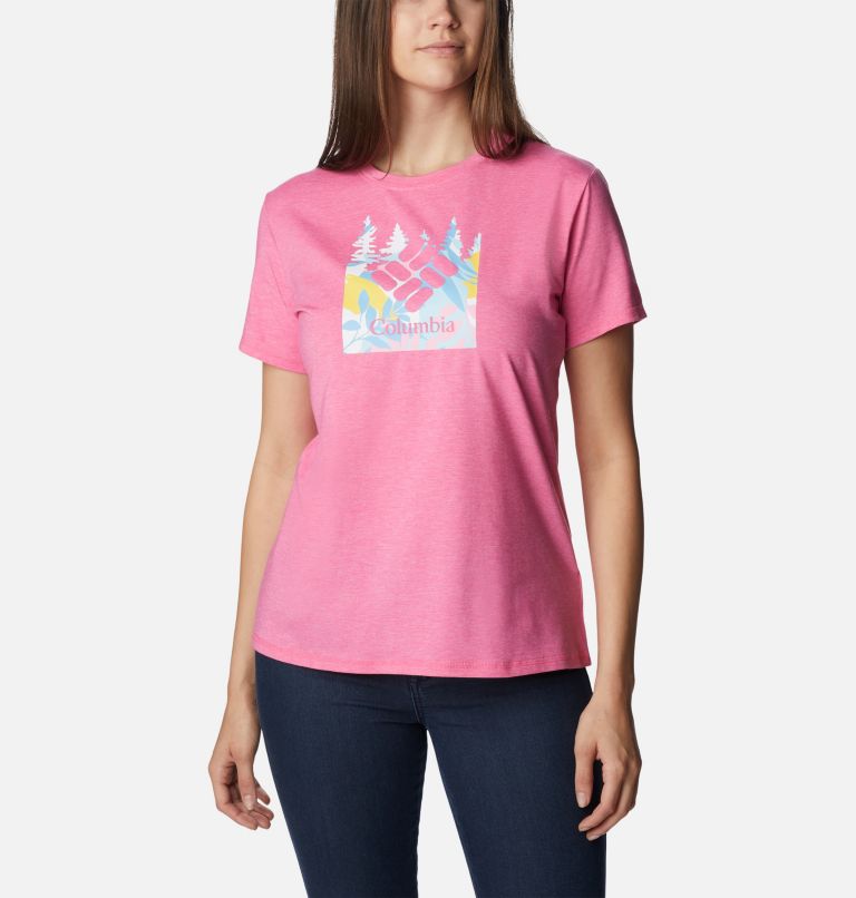 Women's Sun Trek Graphic T-Shirt, Color: Wild Geranium Hthr, Arboreal Swirl Grx, image 5