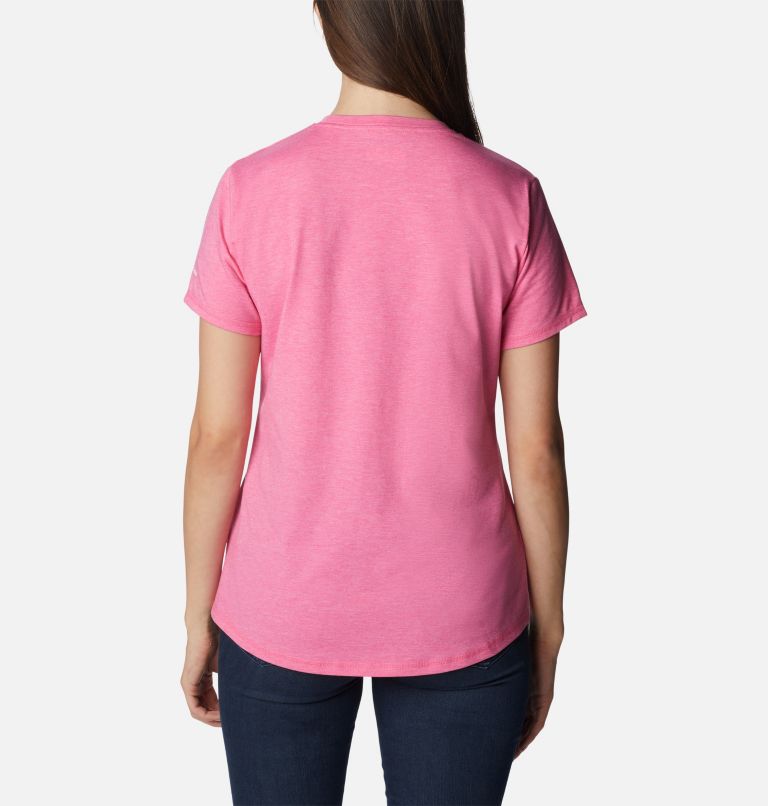 Thumbnail: Women's Sun Trek Graphic T-Shirt, Color: Wild Geranium Hthr, Arboreal Swirl Grx, image 2