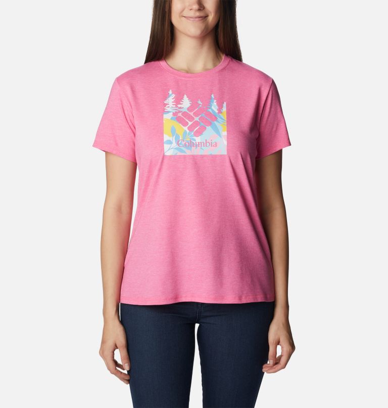 Thumbnail: Women's Sun Trek Graphic T-Shirt, Color: Wild Geranium Hthr, Arboreal Swirl Grx, image 1