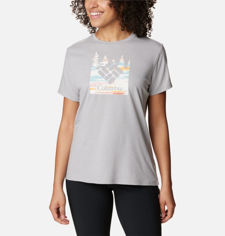 Thumbnail: Women's Sun Trek Technical Graphic T-Shirt, Color: Columbia Grey Heather, Gem Skyscape, image 1