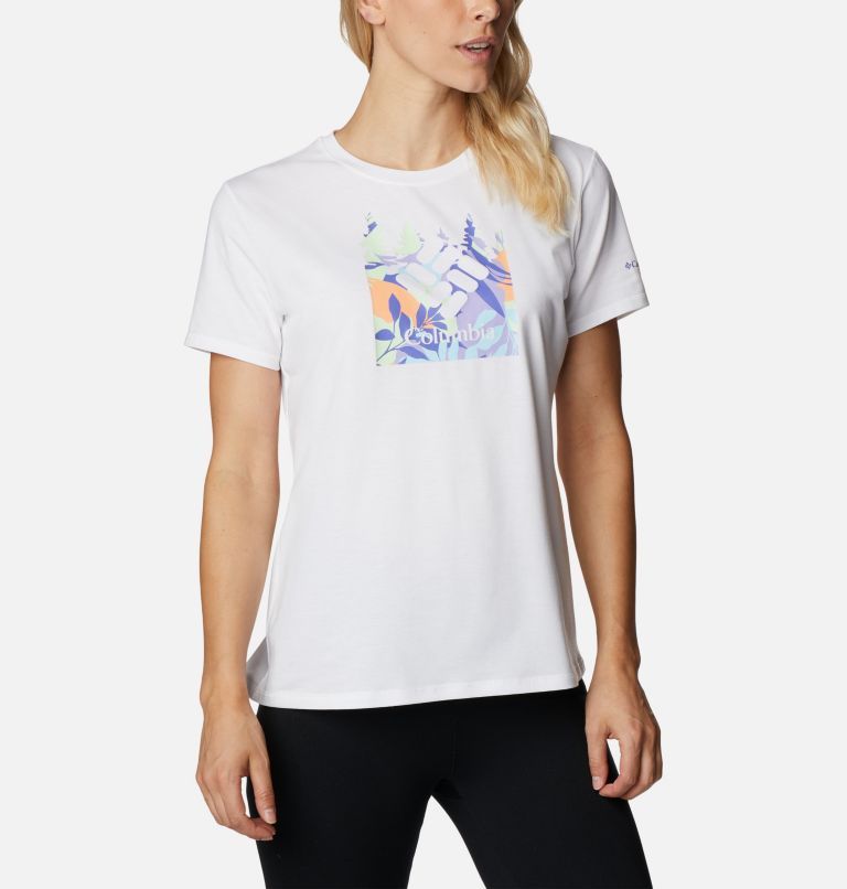 Women's Sun Trek Technical Graphic T-Shirt, Color: White, Arboreal Swirl Graphic, image 5