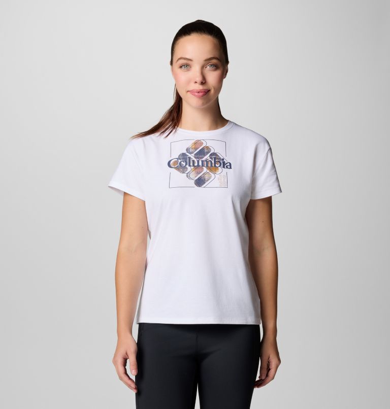 Women's Sun Trek Technical Graphic T-Shirt, Color: White, Dimensional Gem Omblur, image 1
