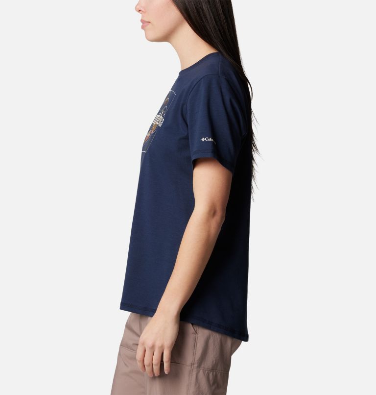 Women's Sun Trek Technical Graphic T-Shirt, Color: Collegiate Navy, Dimensional Gem Omblur, image 3