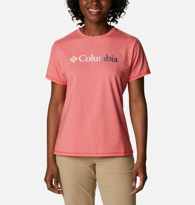 Thumbnail: Women's Sun Trek Technical Graphic T-Shirt, Color: Red Hibiscus Heather, Branded Gradient, image 1