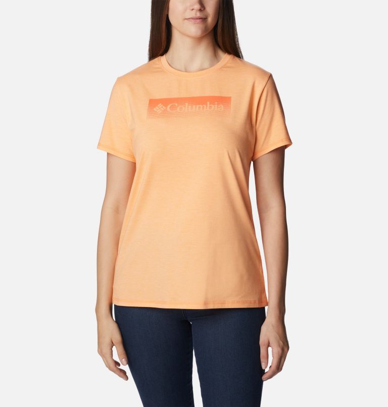 Women's Sun Trek Technical Graphic T-Shirt, Color: Peach Hthr, Framed Halftone Graphic, image 1