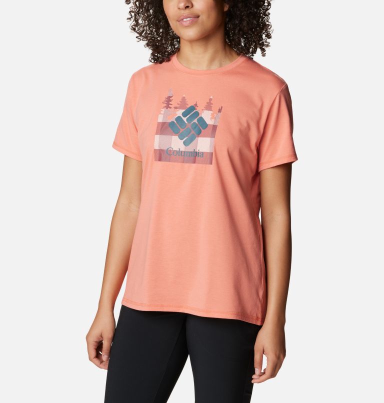 Thumbnail: Women's Sun Trek Technical Graphic T-Shirt, Color: Faded Peach, Gem Check, image 5