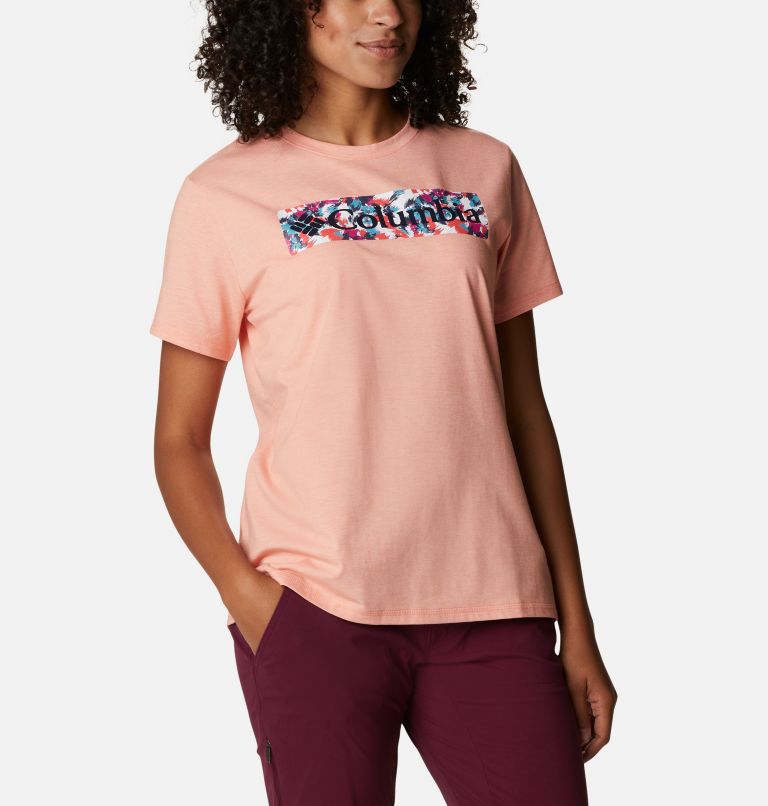 Women's Sun Trek Technical Graphic T-Shirt, Color: Coral Reef Heather, Typhoon Bloom Frame, image 5