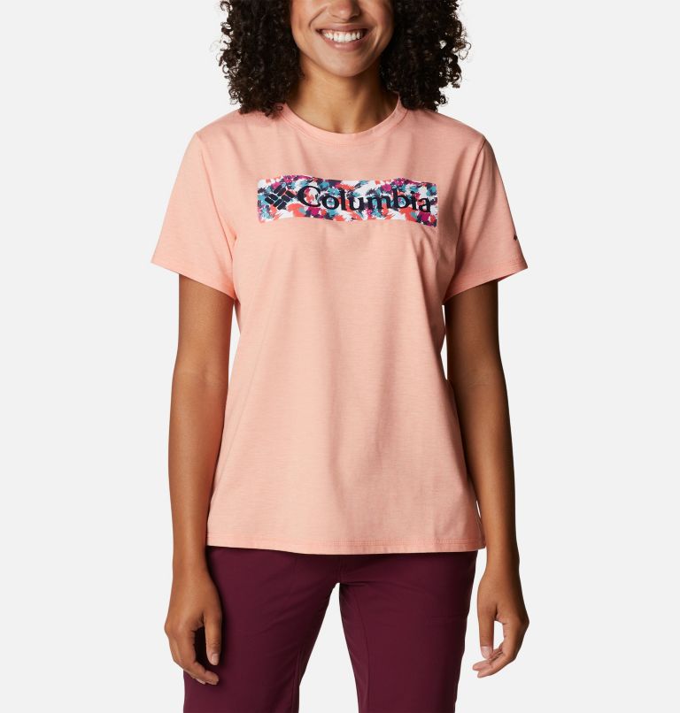 Women's Sun Trek Technical Graphic T-Shirt, Color: Coral Reef Heather, Typhoon Bloom Frame, image 1