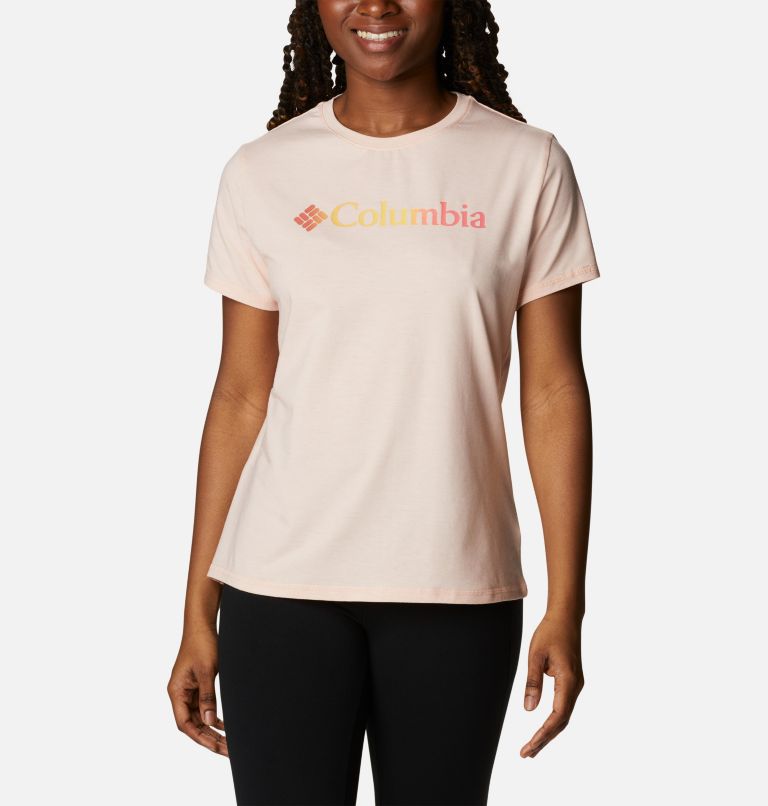 Women's Sun Trek Technical Graphic T-Shirt, Color: Peach Blossom Heather, CSC Gradient, image 1